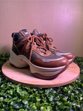 🔥 MICHEAL KORS OLYMPIA TRAINERS BROWN & METALLIC LEATHER WOMENS SIZE 8M